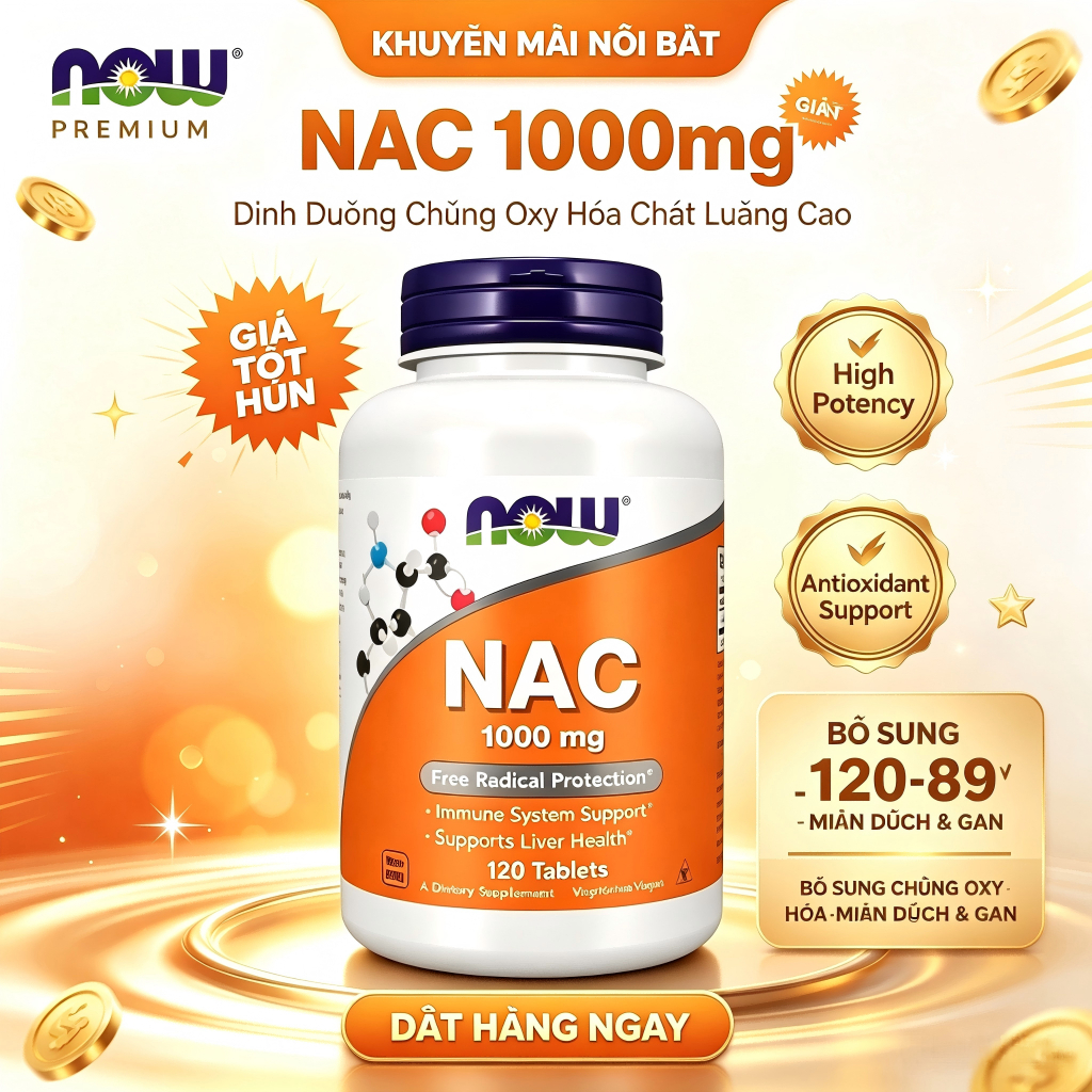 Now Foods Supplements, NAC (N-Acetyl-Cysteine) 1000 mg,Hỗ Trợ Gan Khỏe,Tăng Cường Chống Oxy Hóa