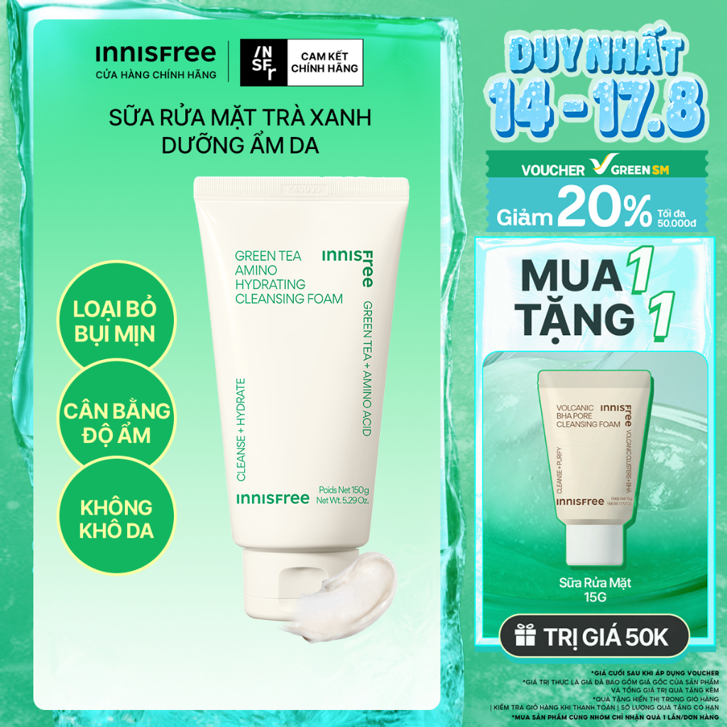 Sữa rửa mặt trà xanh sạch sâu ẩm mịn INNISFREE Green Tea Amino Cleansing Foam 150g