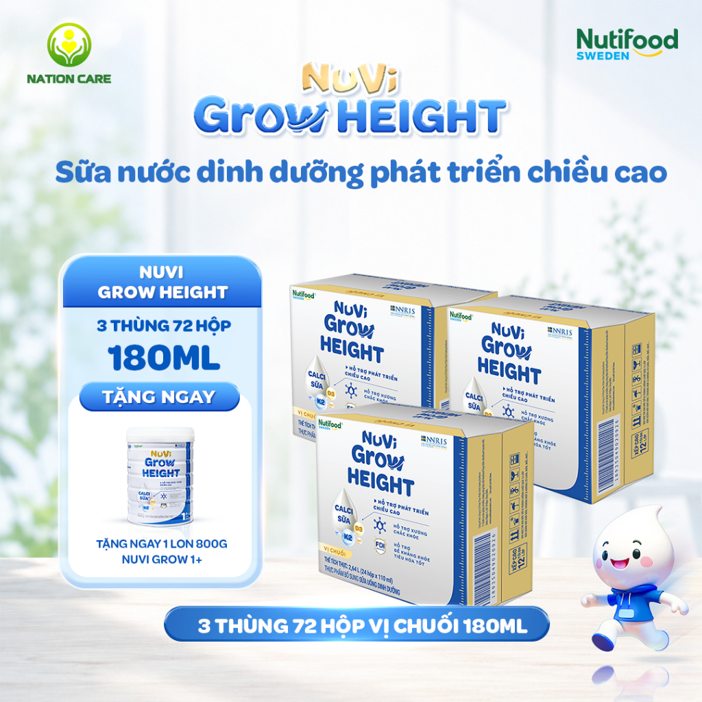 Sữa Nước Nuvi Grow Height ( 3 Thùng 180ml Tặng 1 Lon 1+ 800G ) - Hỗ Trợ Phát Triển Chiều Cao