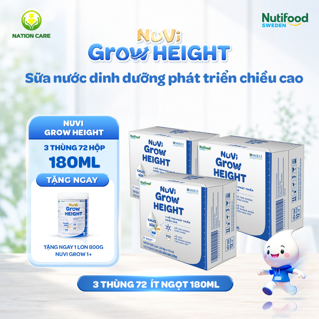Sữa Nước Nuvi Grow Height ( 3 Thùng Ít Ngọt 180ml Tặng 1 Lon 1+)-Hộ Trợ Phát Triển Chiều Cao