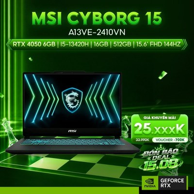 Laptop MSI Cyborg 15 A13VE-2410VN  GeForce RTX™ 4050 6GB | i5-13420H | 16GB |512GB | 15.6' FHD 144Hz