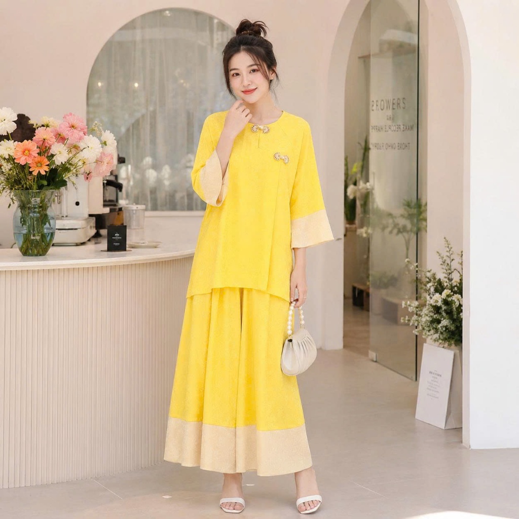 Bộ Pháp Phục Nữ LALALAND Lụa Hàng Châu Áo Tay Lỡ Quần Ống Rộng