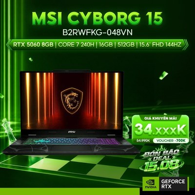 Laptop MSI Cyborg 15 B2RWFKG-048VN  GeForce RTX™ 5060 8GB / Chip Core 7 240H / 16GB / 512GB