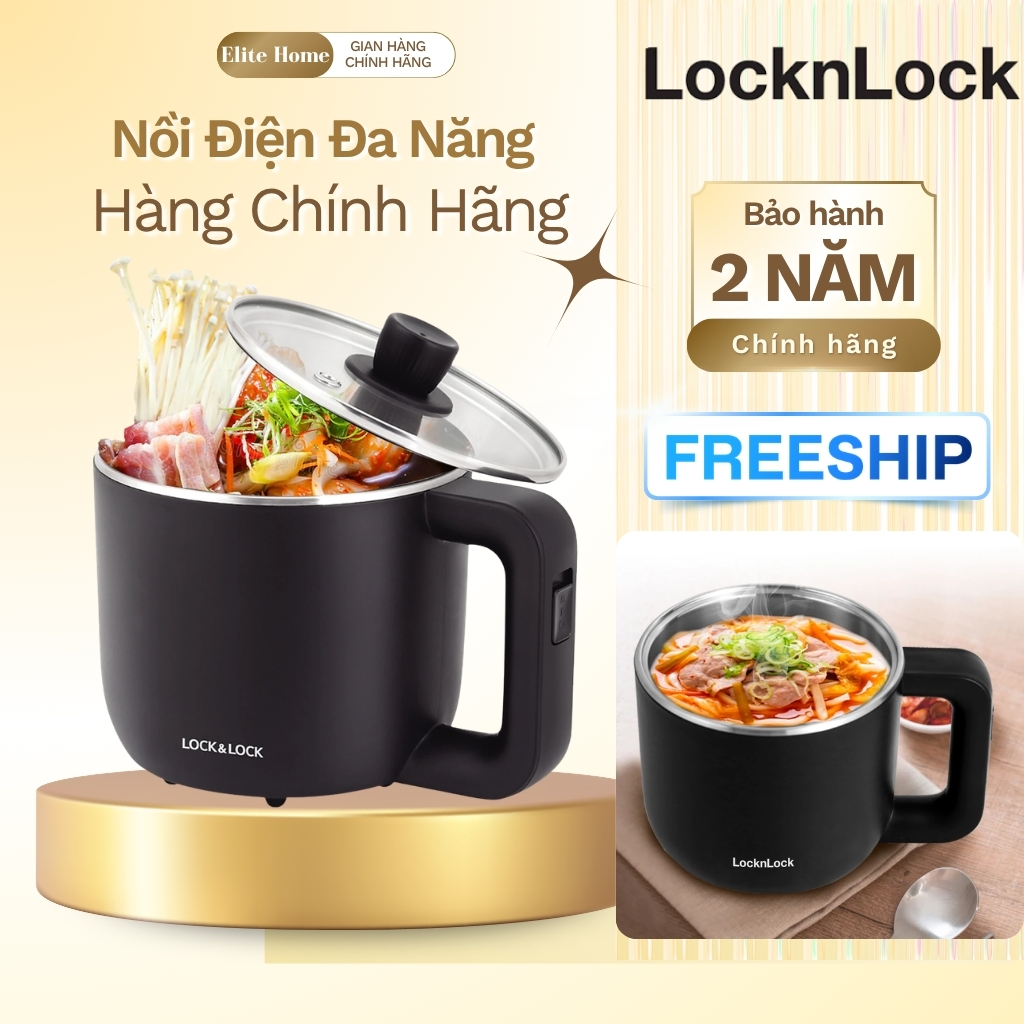 Nồi điện đa năng LocknLock EJP116BLK ,dung tích 0.8L, nấu mì nấu lẩu nấu nước, kèm khay hấp