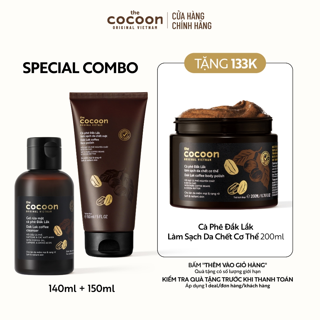 SPECIAL COMBO Gel rửa mặt cà phê 140ml+Tẩy da chết mặt cà phê 150ml tặng Tẩy da chết cơ thể cà phê Đắk Lắk Cocoon 200ml