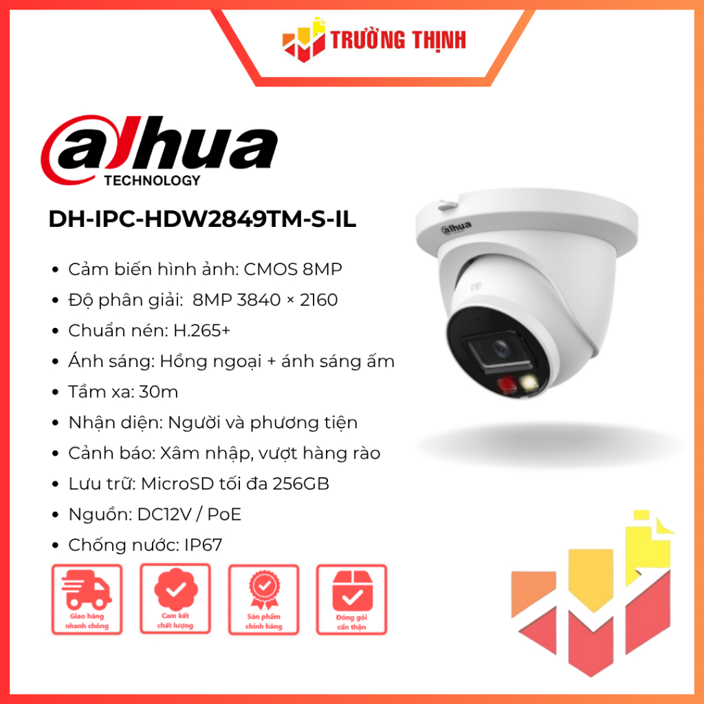 Camera IP 8MP DAHUA DH-IPC-HDW2849TM-S-IL | Ánh sáng kép | Tích hợp Mic | Đèn Led | 8MP | IP67