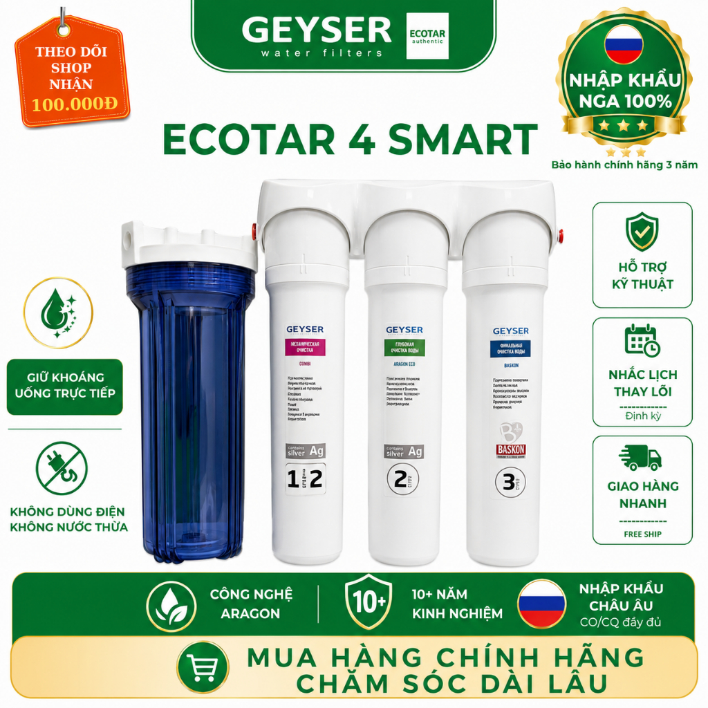 Máy Lọc Nước Chuẩn Khoáng GEYSER ECOTAR 4 SMART + Tặng cột UF - Hàng Chính Hãng Geyser Việt Nam