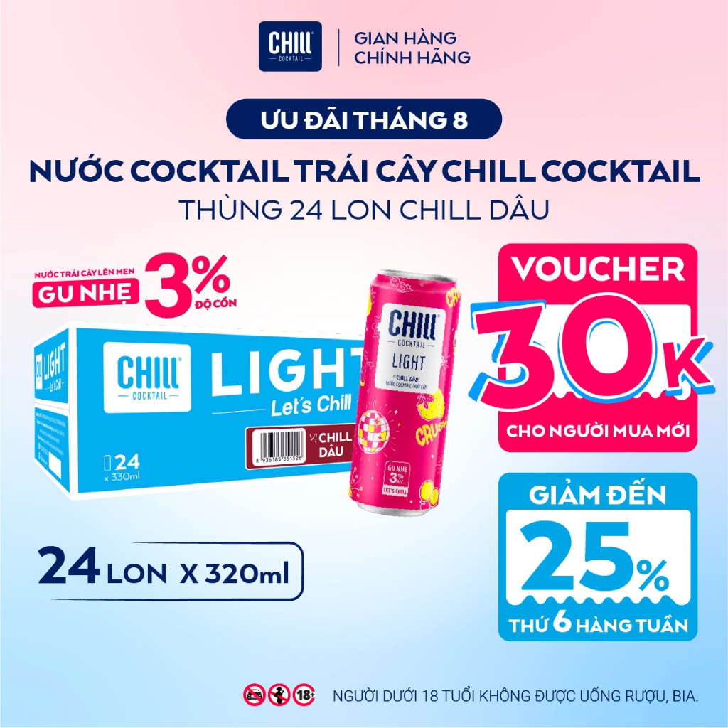 Thùng 24 Lon CHILL DÂU 320ml, Nước Cocktail Trái Cây Gu Nhẹ 3% Ít Cồn - CHILL COCKTAIL LIGHT