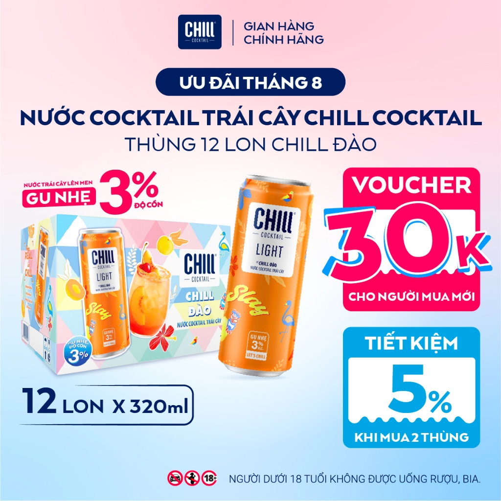 Thùng 24 Lon CHILL ĐÀO 320ml, Nước Cocktail Trái Cây Gu Nhẹ 3% Ít Cồn - CHILL COCKTAIL LIGHT