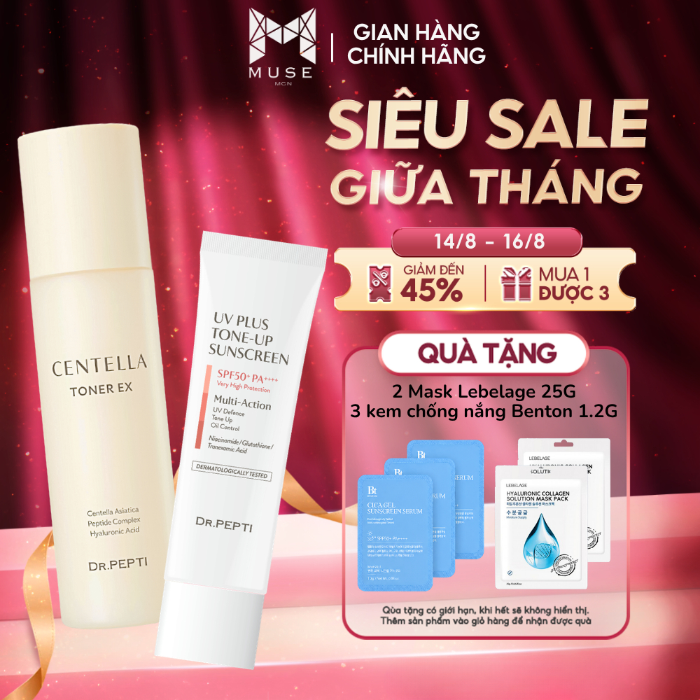 COMBO Nước Hoa Hồng Dr.Pepti Centella Toner Ex 180ml + Kem Chống Nắng Nâng Tone, Kiềm Dầu DR.PEPTI 5