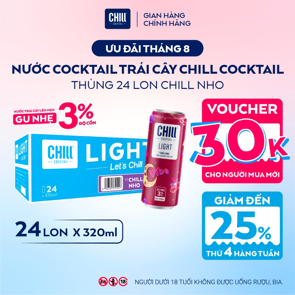 Thùng 24 Lon CHILL NHO 320ml, Nước Cocktail Trái Cây Gu Nhẹ 3% Ít Cồn - CHILL COCKTAIL LIGHT