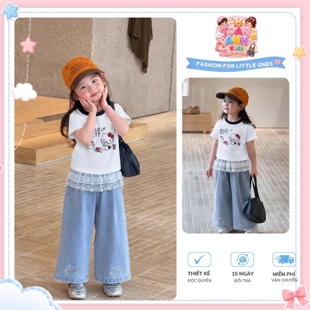 Set bộ bé gái, bộ áo quần bé gái áo phông cotton in hello kitty kèm quần dài phối ren điệu đà cho bé