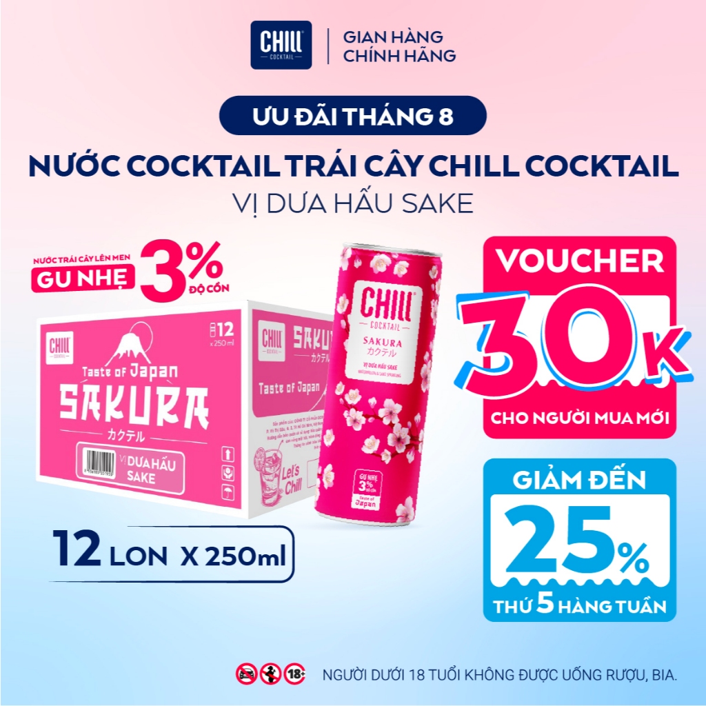 Thùng 12 Lon CHILL DƯA HẤU SAKE 250ml, Nước Cocktail Trái Cây Gu Nhẹ 3% Ít Cồn - CHILL COCKTAIL SAKU