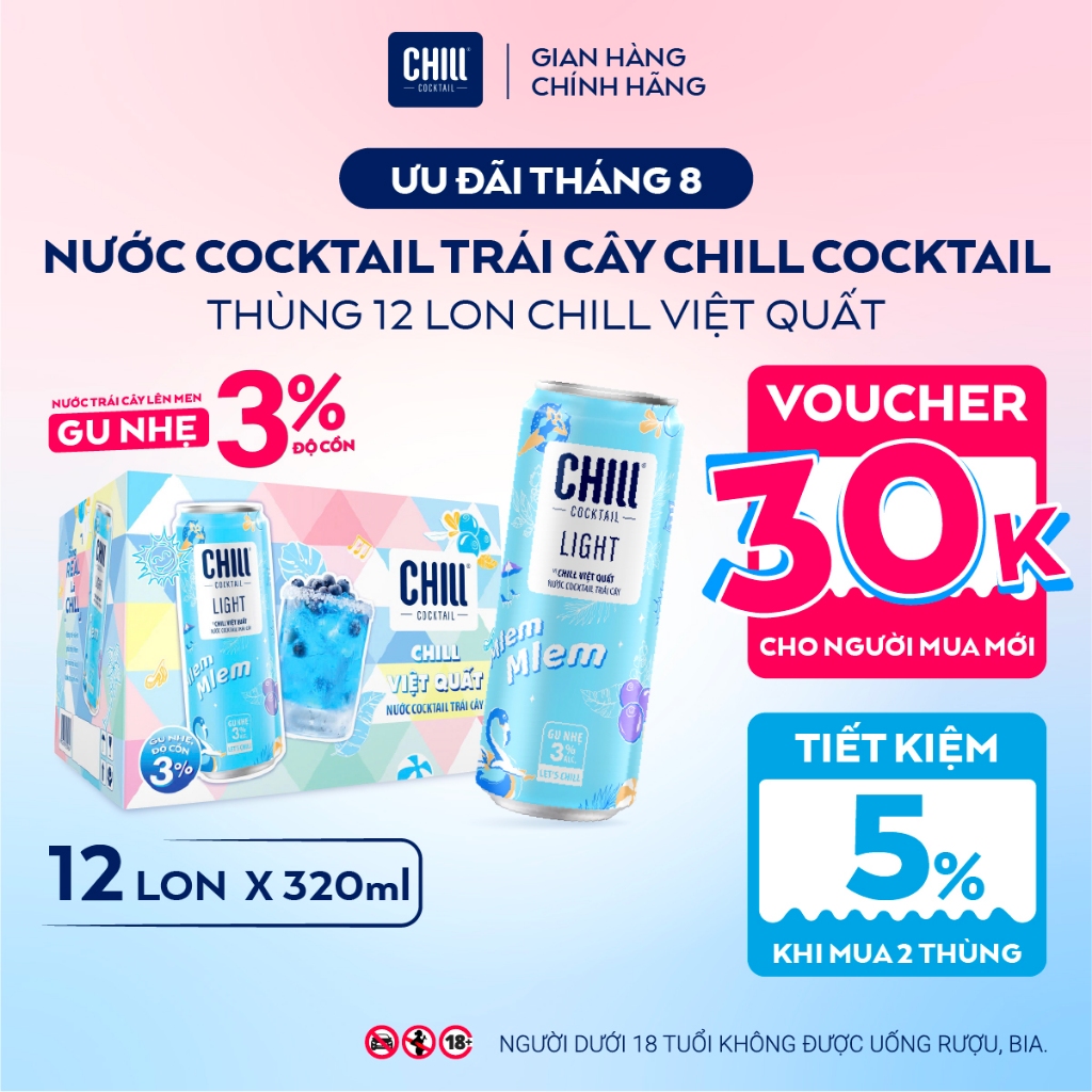 Thùng 12 Lon CHILL VIỆT QUẤT 320ml, Nước Cocktail Trái Cây Gu Nhẹ 3% Ít Cồn - CHILL COCKTAIL LIGHT