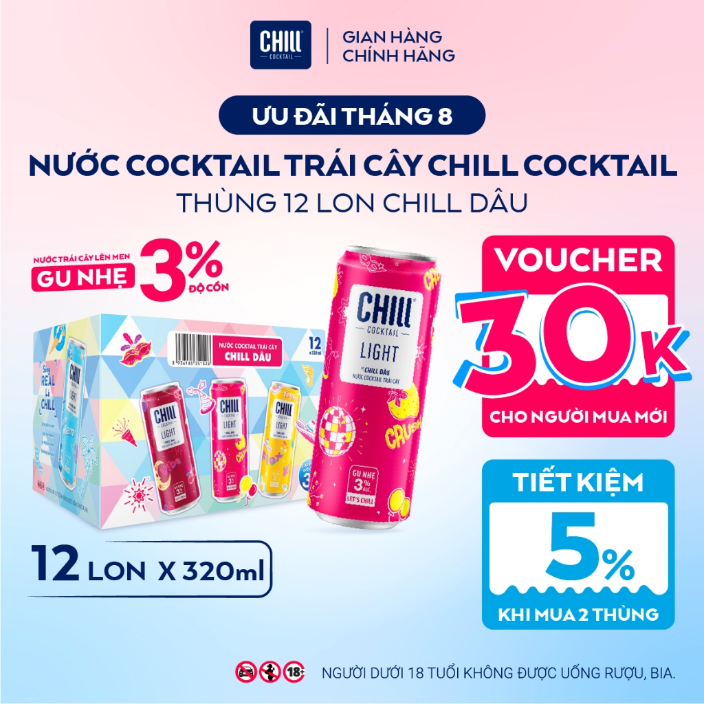Thùng 12 Lon CHILL DÂU 320ml, Nước Cocktail Trái Cây Gu Nhẹ 3% Ít Cồn - CHILL COCKTAIL LIGHT