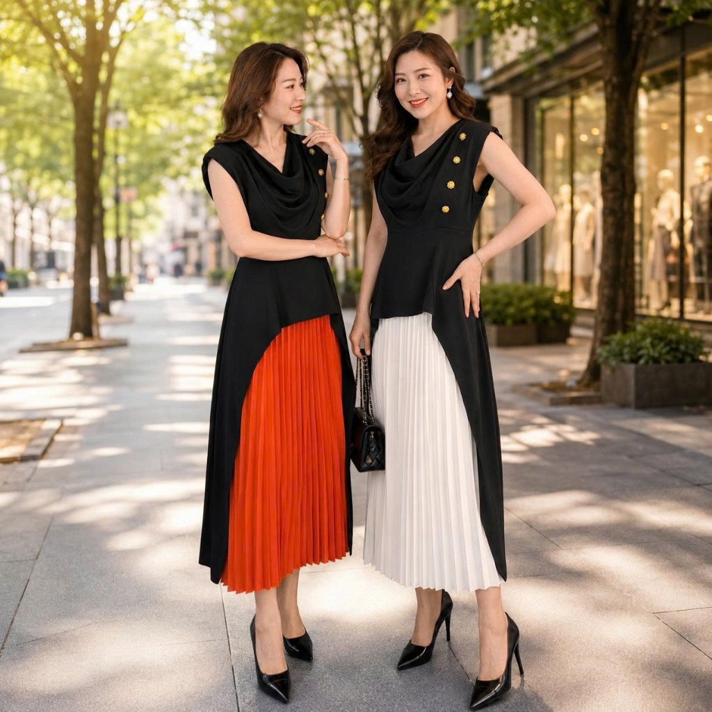 Đầm Liền Thân LALALAND Cổ Đổ Phối Chân Váy Xếp Ly Thanh Lịch