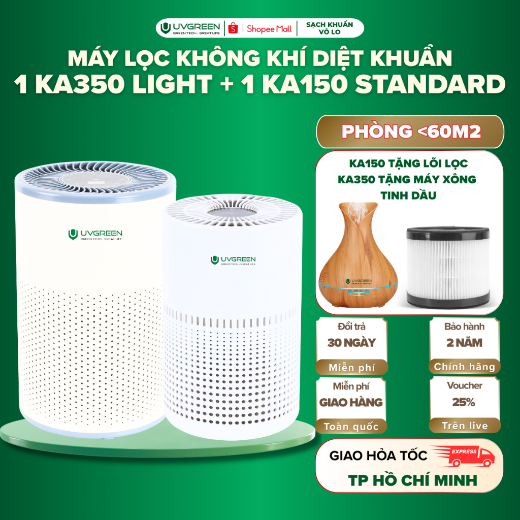 [TẶNG QUÀ] Combo Máy Lọc Không Khí Diệt Khuẩn UVGREEN KA350 Và KA150, UVC LED & ION Âm Diệt Khuẩn