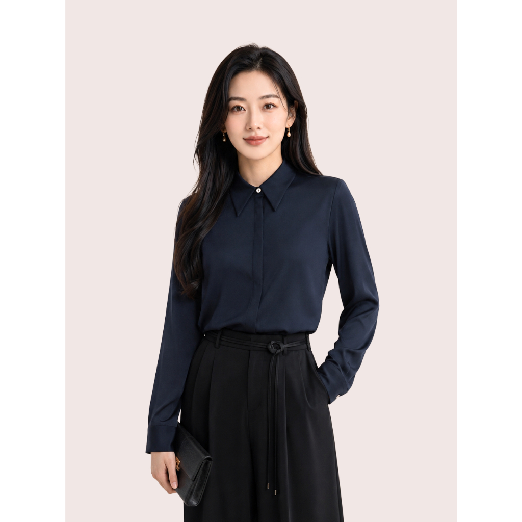 [ĐỘC QUYỀN ONLINE] Áo Sơ Mi Nữ Format 10005575 Cổ Đức Tay Dài Chất Lụa Nhân Tạo Thiết Kế Trẻ Trung