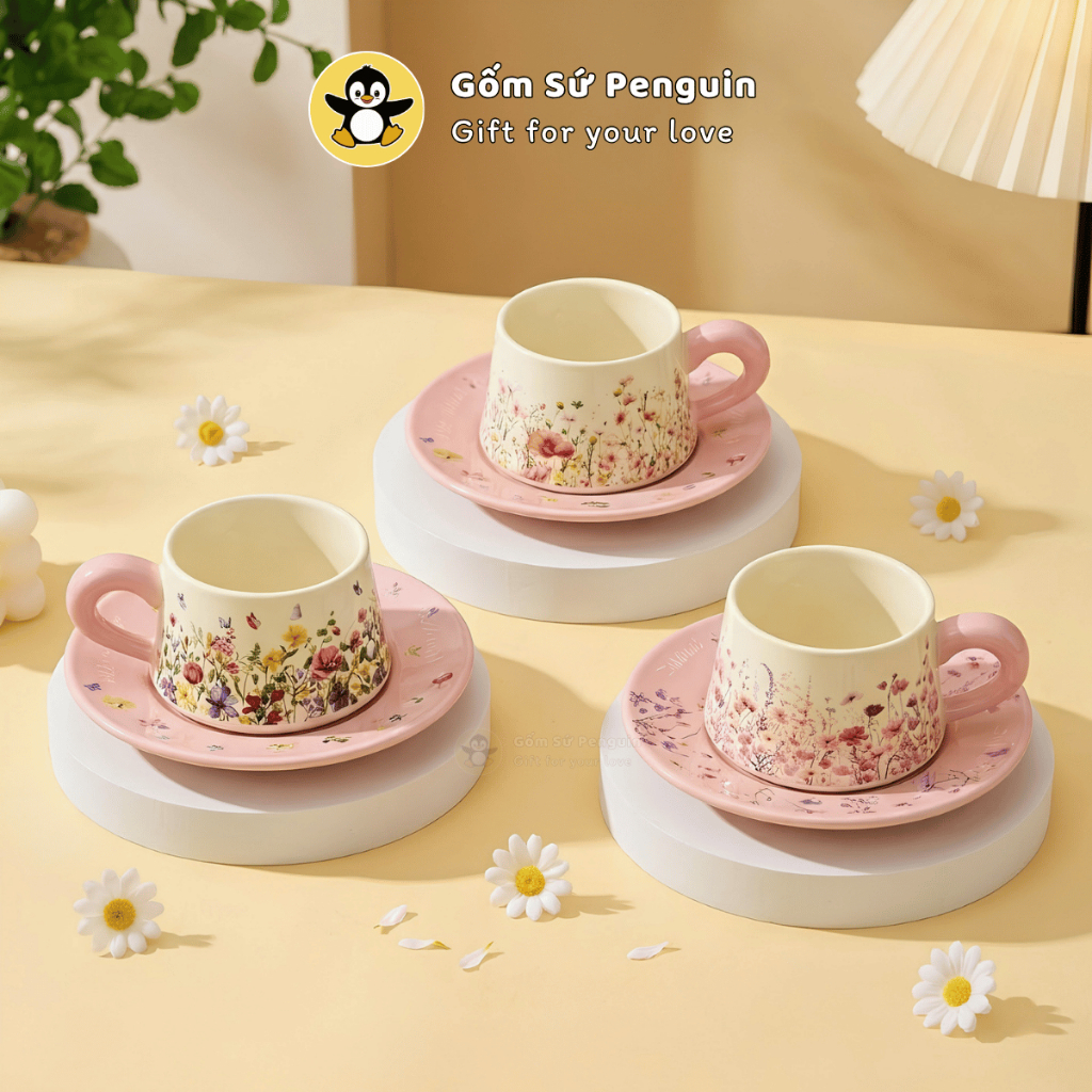 [Penguin] Ly sứ Flower cute 250ml cốc sứ uống nước phong cách Hàn Quốc quà tặng bạn gái