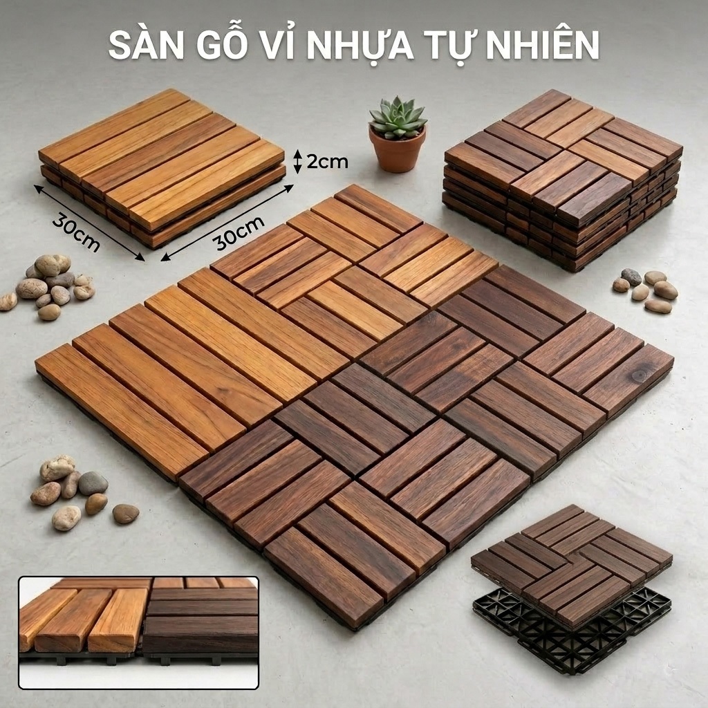 Sàn gỗ lót nền ban công 30x30x2cm phòng khách, Lót sàn nhà tắm, sân vườn, chống nóng sân thượng