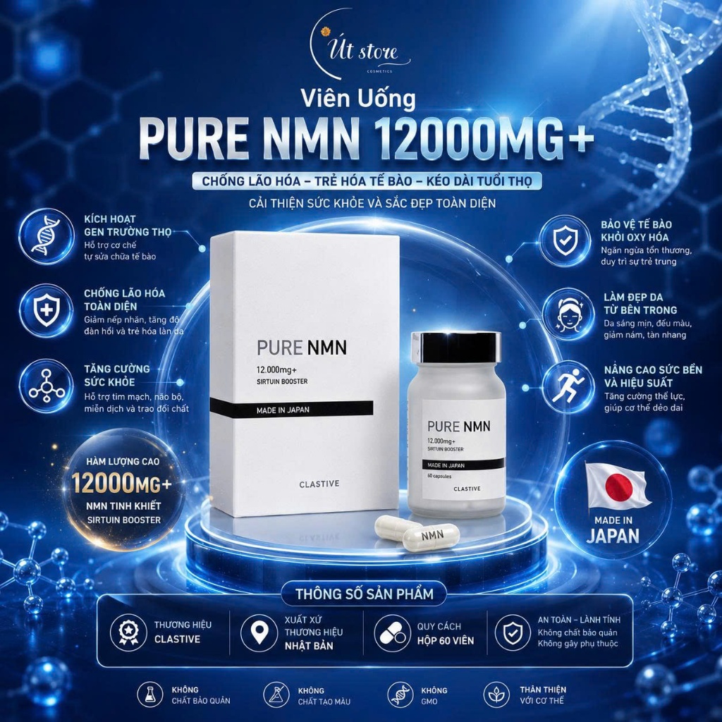 Viên Uống PURE NMN 12000MG+ Giảm Lão Hóa Kéo Dài Tuổi Thọ Cải Thiện Sức Khỏe Và Sắc Đẹp Toàn Diện
