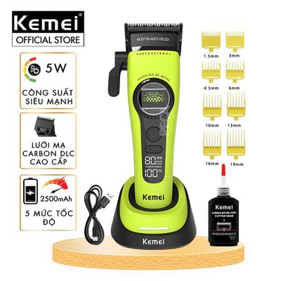 Tông đơ cắt tóc chuyên nghiệp Kemei KM-1593 công suất 5W, lưỡi mạ DLC, 5 tốc độ, động cơ không chổi than - Chính hãng