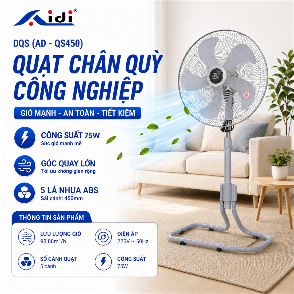 Quạt Chân Quỳ Thân Sắt. Quạt Sàn Công Nghiệp 70W SIÊU MÁT AD-QS450 3 cấp độ gió