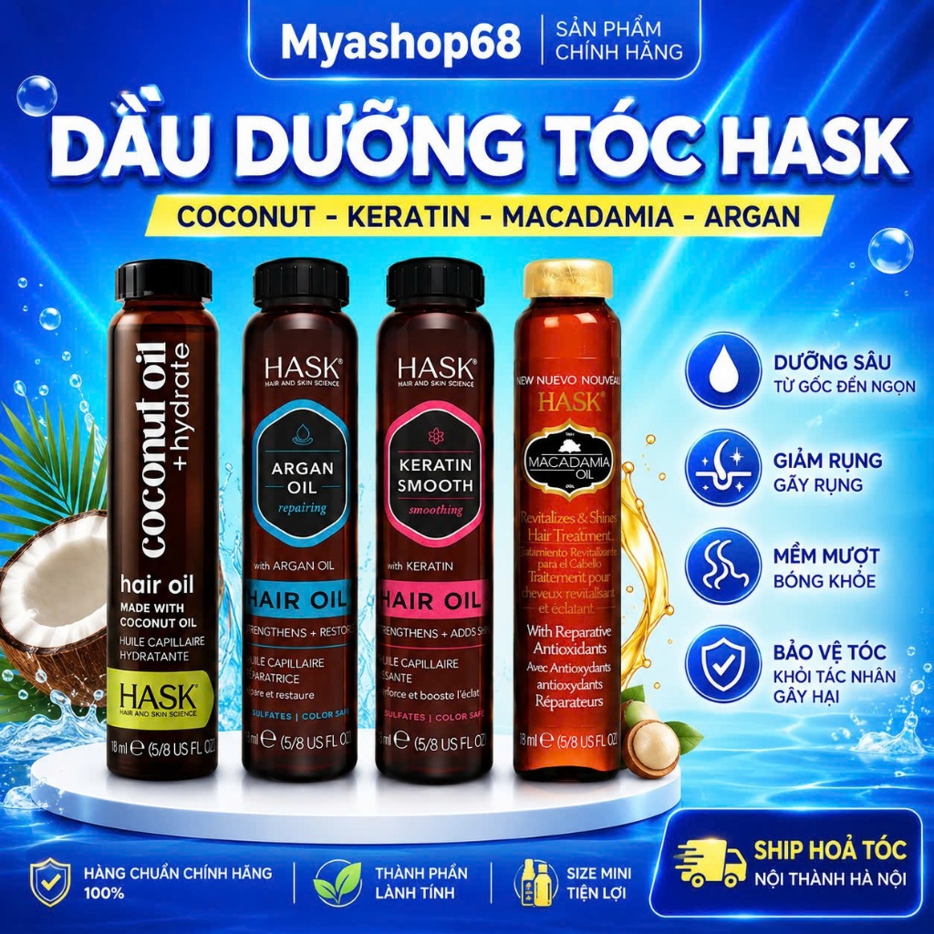 HASK Dầu dưỡng phục hồi, chắc khỏe tóc bóng mượt Hask Argan Oil Repairing Hair, Keratin Oil 18ml và 