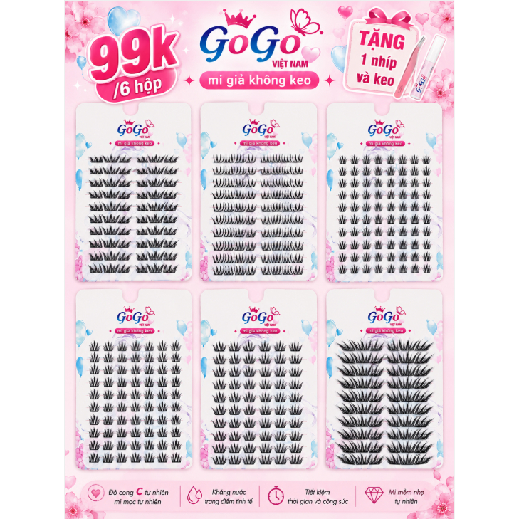 [99k/6 Hộp] Lông Mi giả GoGo Việt Nam 10 hàng-tặng keo nhíp khi đơn mua từ 2 hộp cho mỗi đơn-Mi tái 