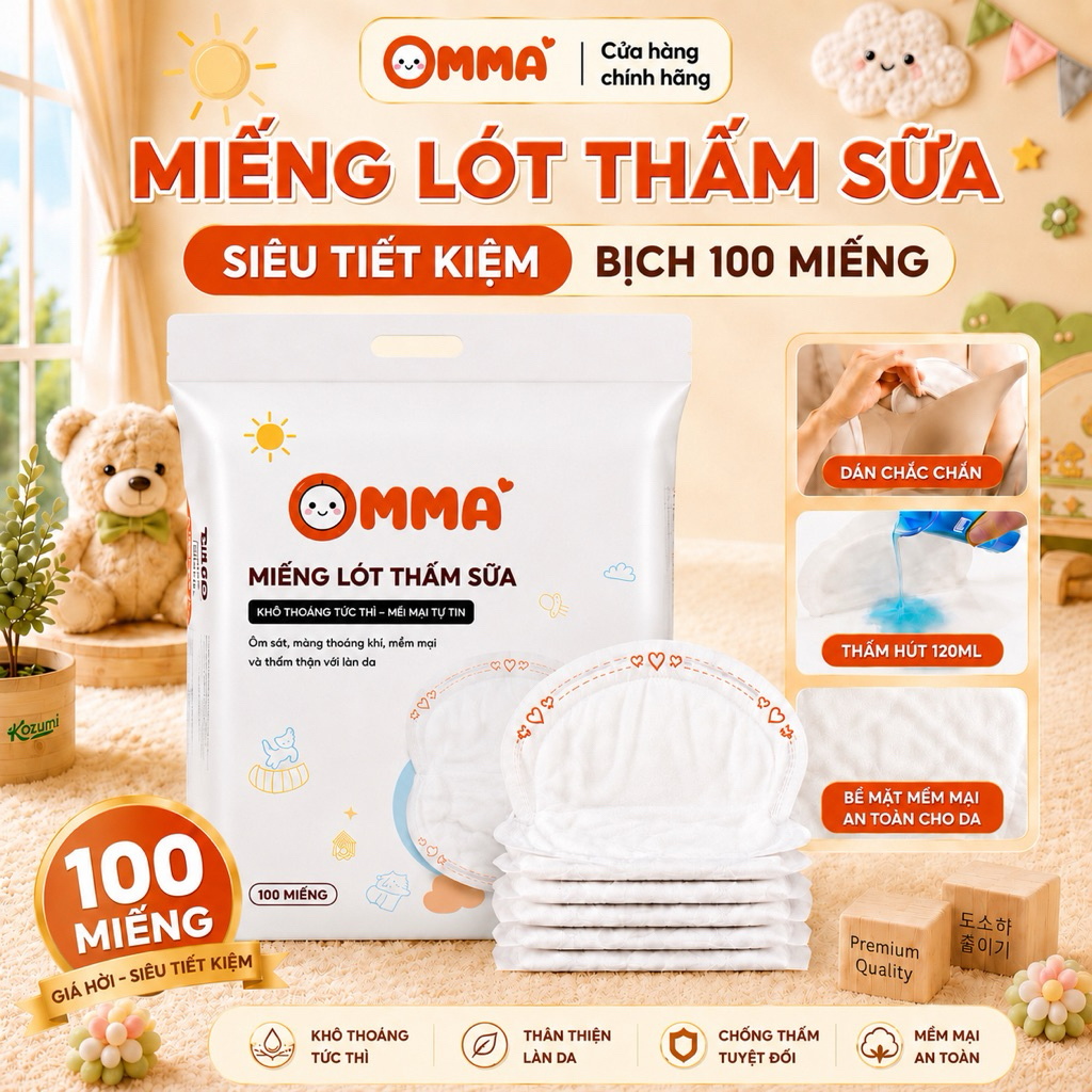 Bịch 100 miếng lót thấm hút sữa OMMA chống tràn tối đa, từ sợi organic an toàn lành tính