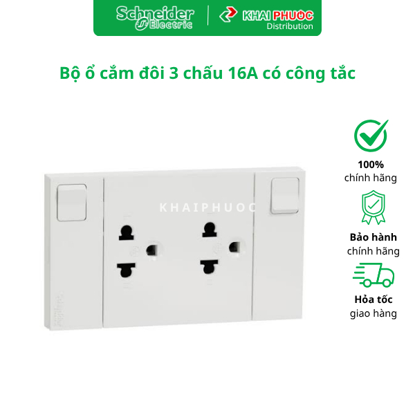Bộ ổ cắm đôi 3 chấu 16A có công tắc M3T_SIS_WE M3T25_SIS_WE AvatarOn A Schneider Khải Phước Electric
