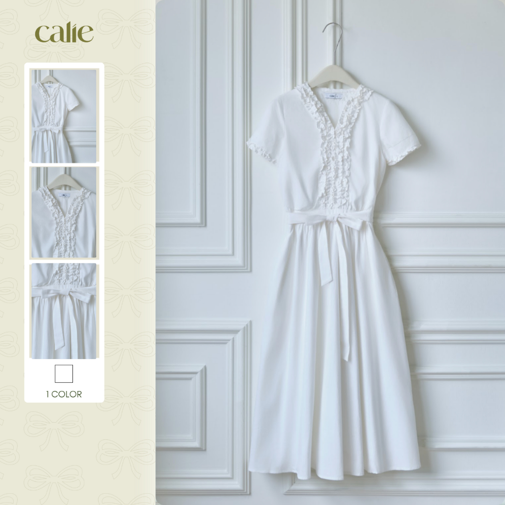 Váy thô xước dáng xòe trang trí bèo eo buộc nơ cao cấp, cổ V nữ tính thanh lịch thời trang nữ Calie 
