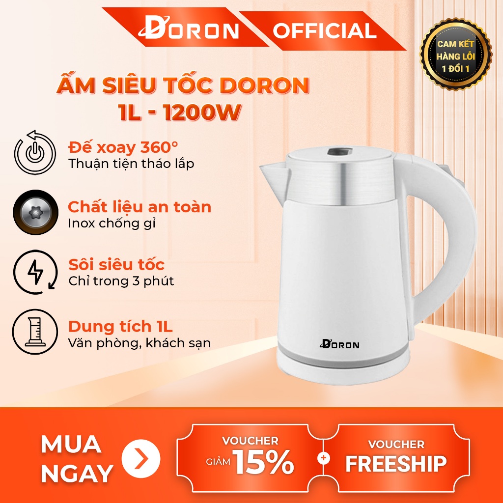 Ấm siêu tốc DORON 1200W dung tích 1l, tự ngắt điện khi sôi