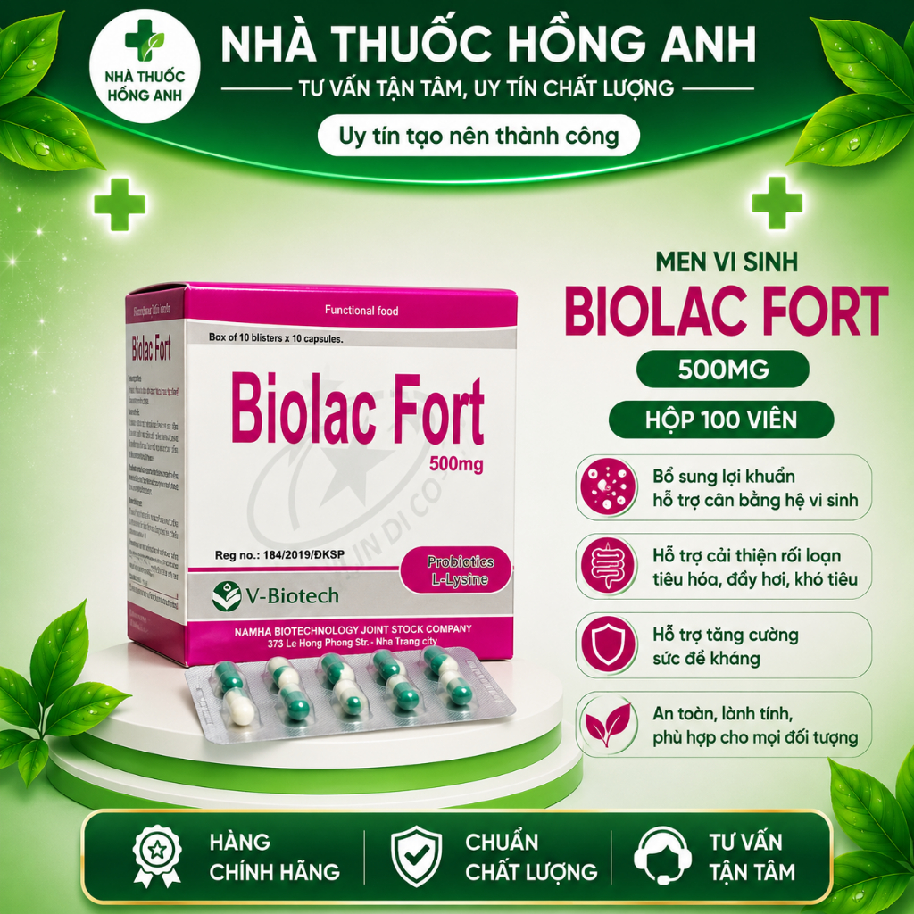Bổ Sung lợi khuẩn Biolac Fort 500mg V-Biotech (H/100v)