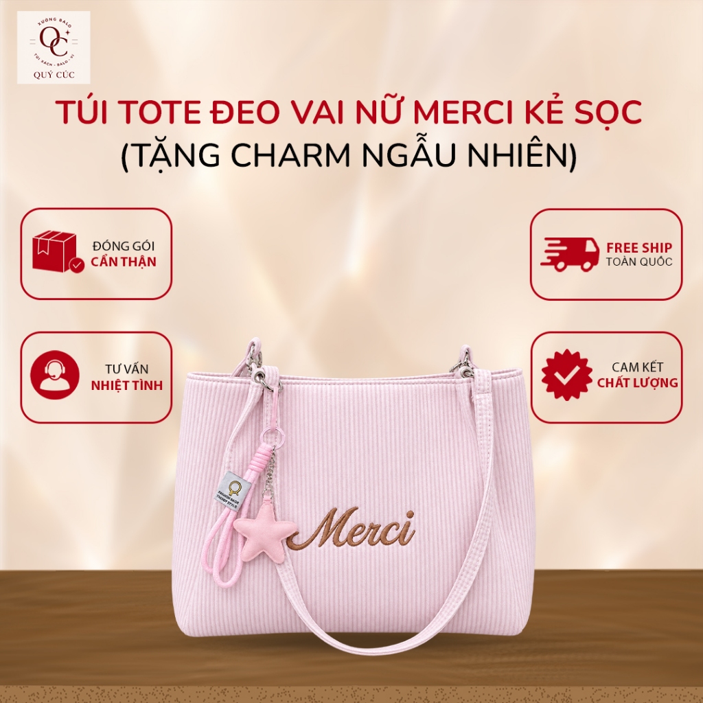 Túi Tote Đeo Vai Nữ Merci Kẻ Sọc Tặng Charm Ngẫu Nhiên Phong Cách Hàn Quốc Vải Mềm Đi Học Đi Làm Mer