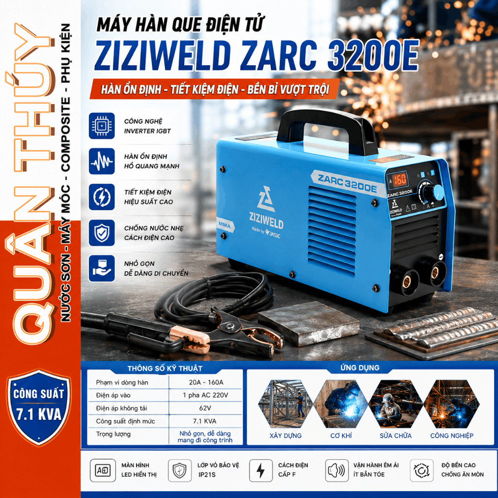 MÁY HÀN QUE ĐIỆN TỬ ZIZIWELD ZARC 3200E – chuyên 2li6, 3li2 ,160A, nhạy lửa, máy khỏe, ổn định