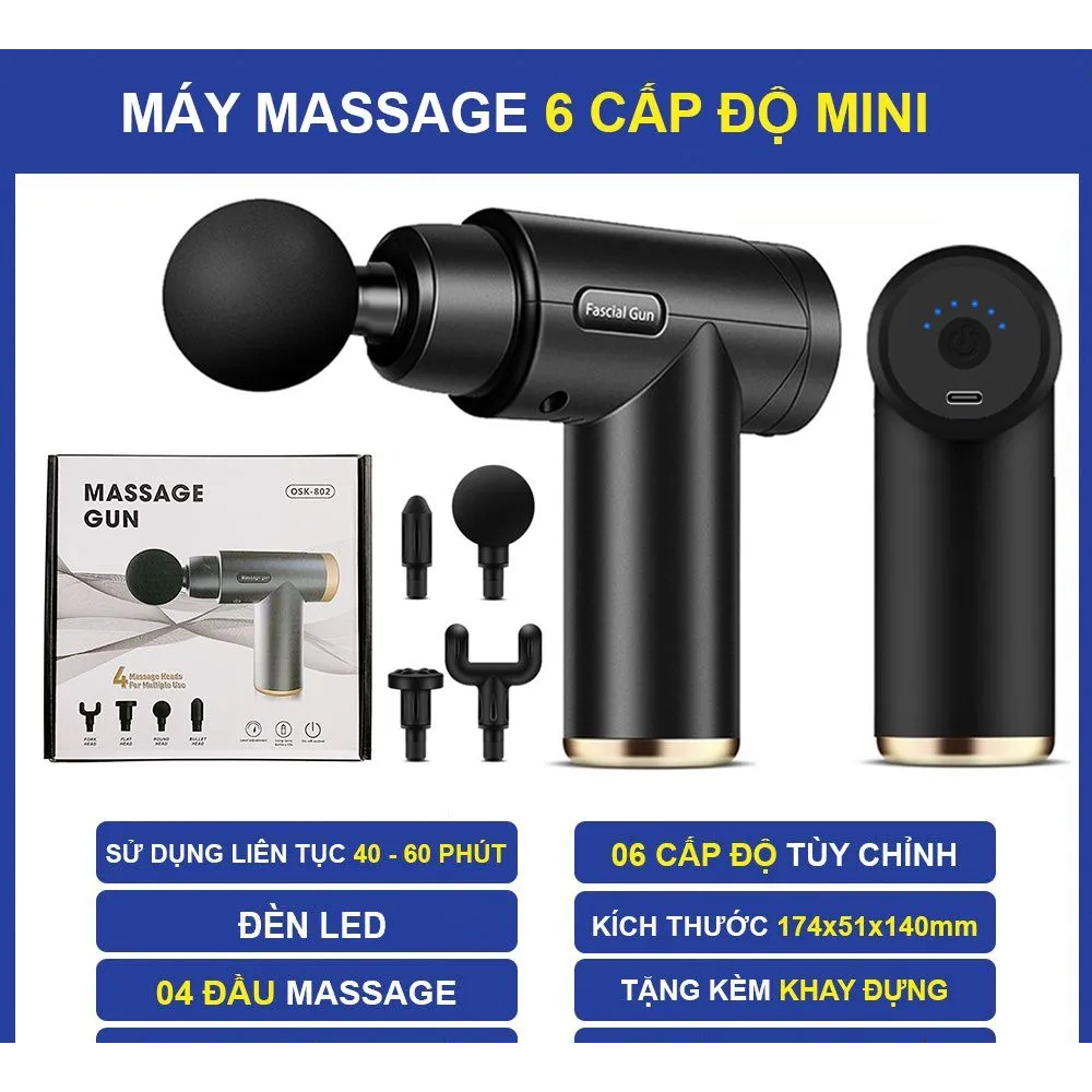 Máy Massage Cầm Tay Mini Fascial Gun Osk 802 Cao Cấp 4 Đầu Thay Thế Và 6 Cấp Độ Massage