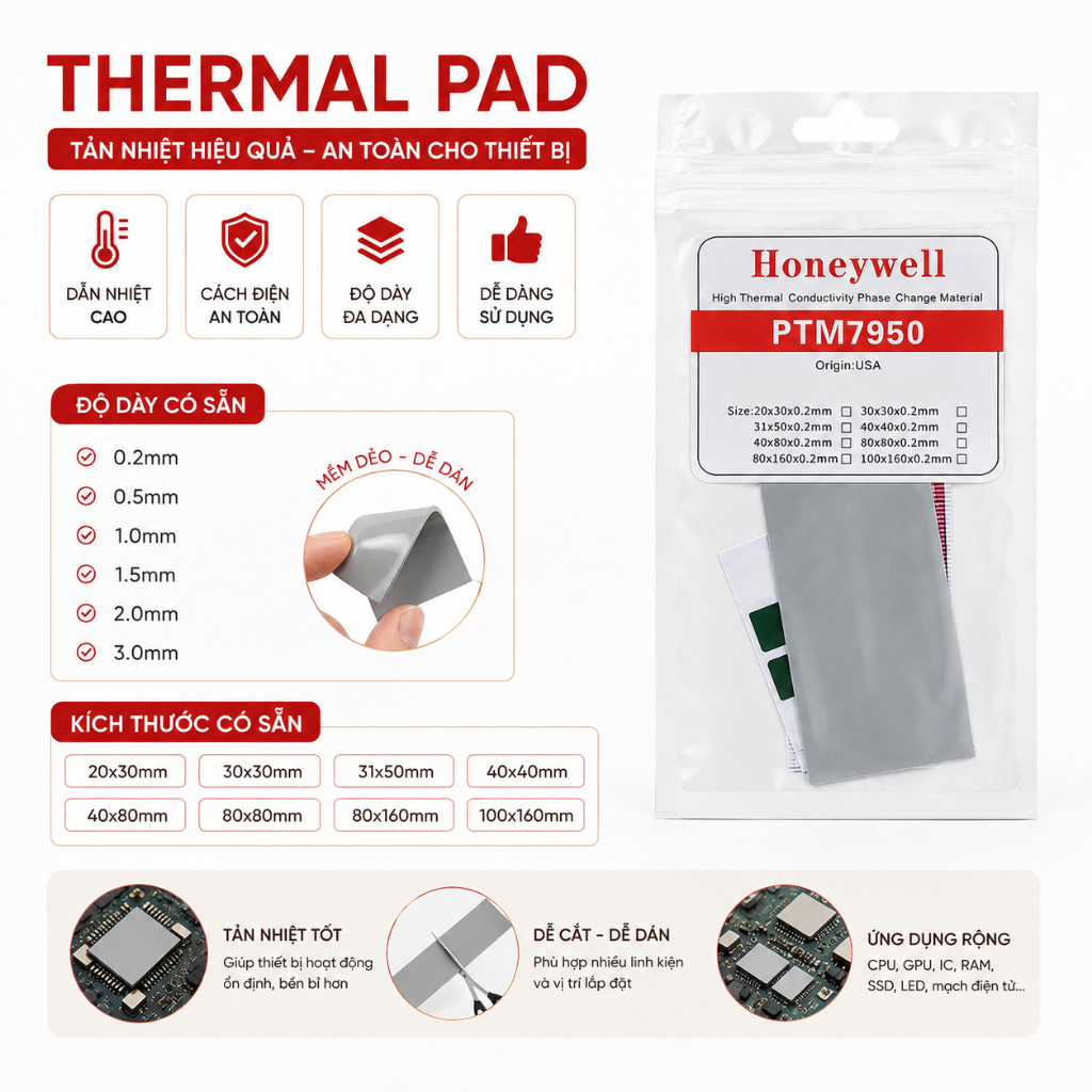 Miếng Dán Thermal Pad Honeywell PTM7950 Giúp Làm Giảm Nhiệt Độ CPU Card Màn Hình Nhanh Chóng Hiệu Qu