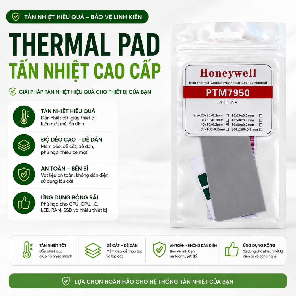 Miếng Dán Dẫn Nhiệt Thermal Pad Honeywell PTM7950 Làm Giảm Nhiệt Độ CPU VGA Đơn Giản Nhanh Chóng Và 