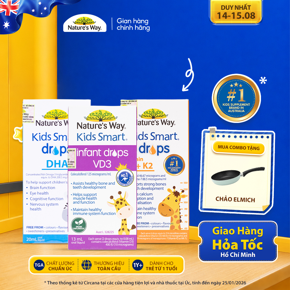 Combo 3 Sản Phẩm DHA Drops + D3K2+ D3 Nature's Way Kids Smart Hỗ Trợ Chăm Sóc Sức Khỏe Cho Bé