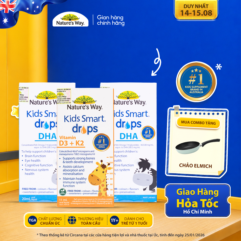 Combo 2 DHA Drops và 1 Vitamin D3K2 Nature's Way Kids Bổ Sung Vitamin, Phát Triển Não Bộ Cho Bé 20ml