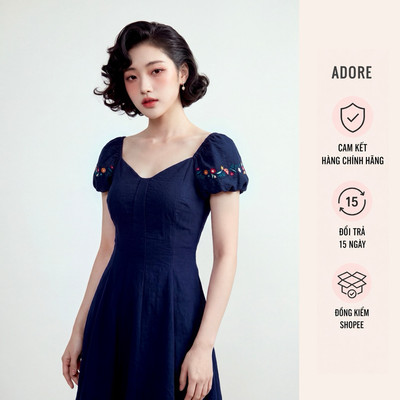 [ ADORE ] Đầm mini trắng/navi cắt mảnh thêu tay  611DR1047