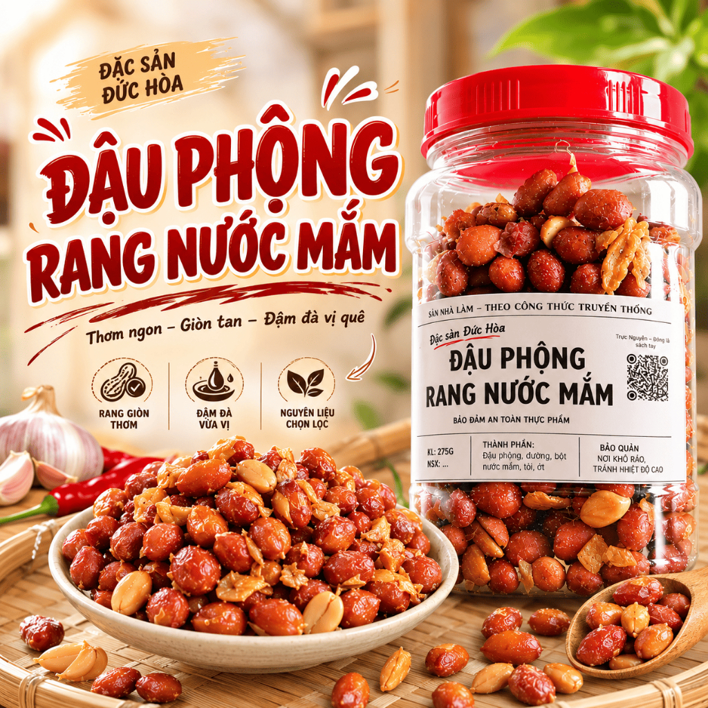 Đậu Phộng Rang Nước Mắm Đức Hòa Thơm Giòn Đậm Đà, Đậu Phộng Tỏi Ớt Ăn Vặt - Hũ 250g