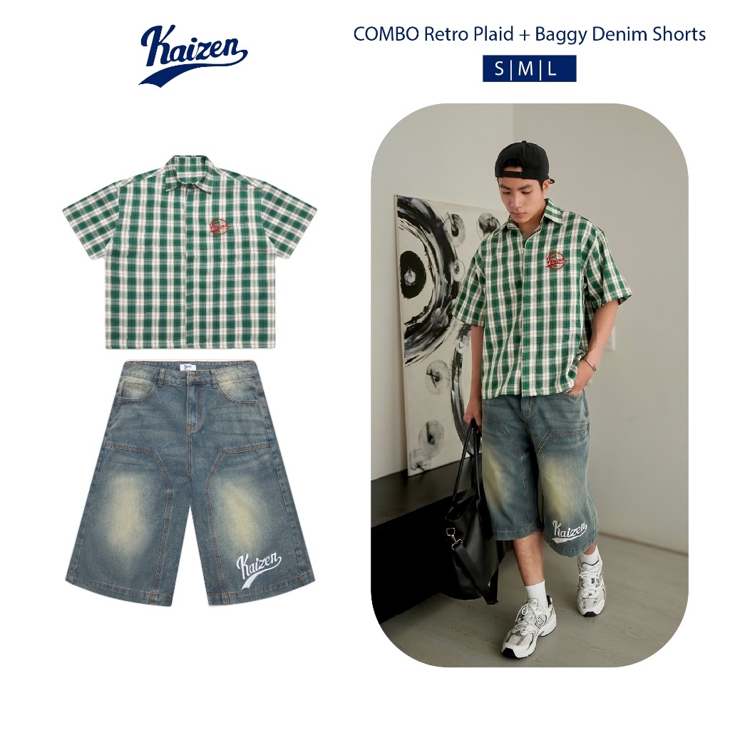 COMBO ÁO SƠ MI + QUẦN KAIZEN RETRO PLAID SHIRT + BAGGY DENIM SHORTS KAIZEN