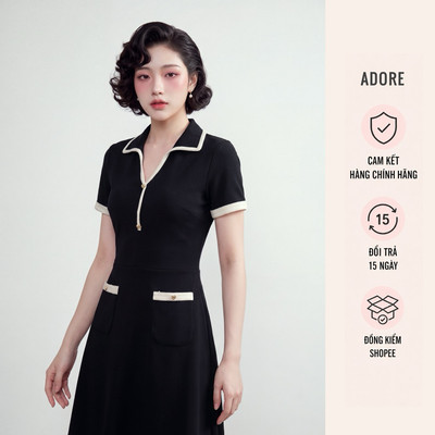 [ ADORE ] Đầm thun basic màu đen phối viền trắng 611DR5001