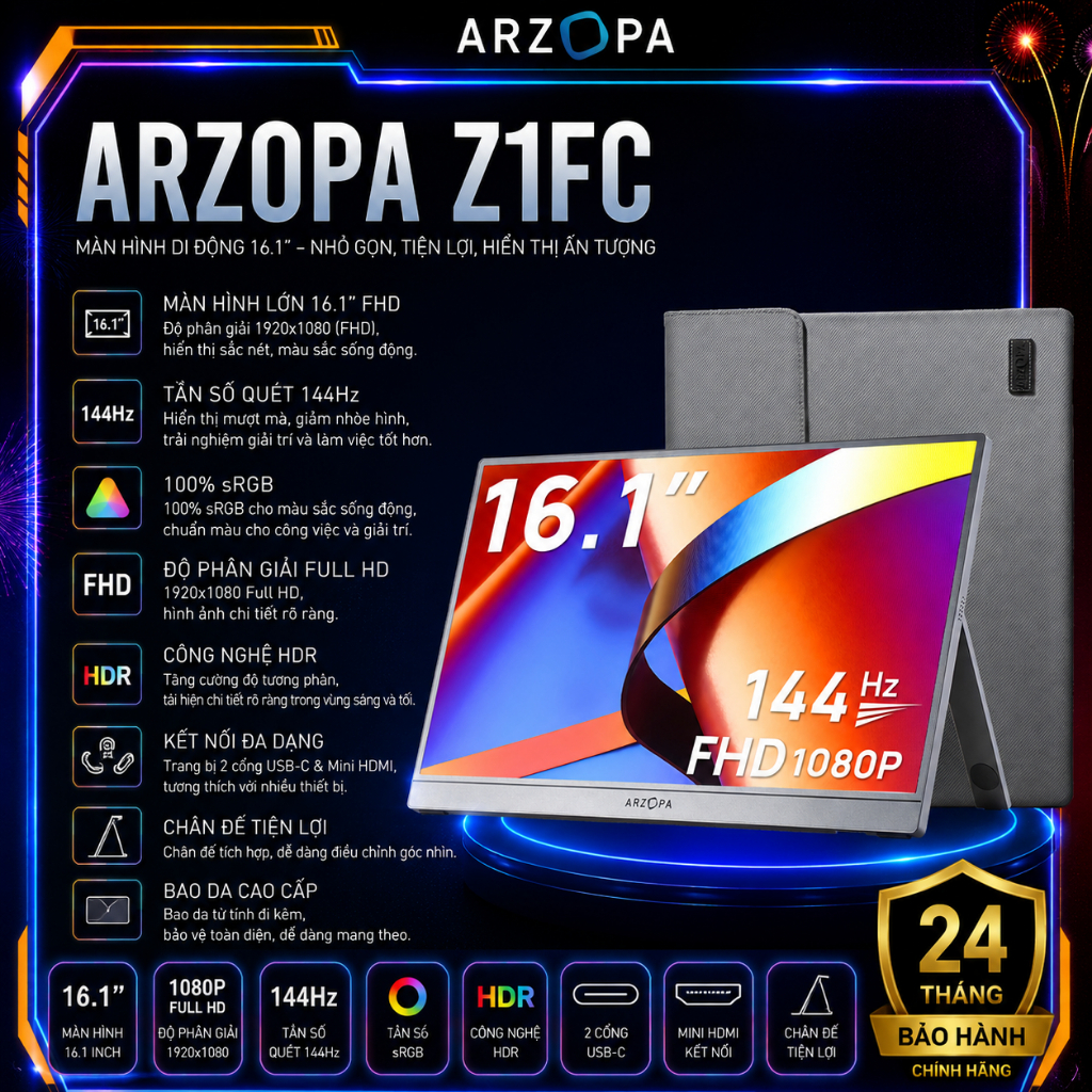 Màn Hình Portable Gaming ARZOPA Z1FC 16.1" – FHD 1080P 144Hz, sRGB, HDR, HDMI & USB-C, Cho Laptop PC