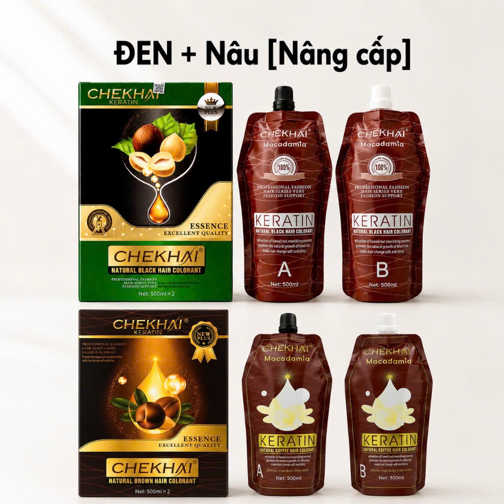 Nhuộm đen, Nhuộm nâu Chekhai Macadamia Keratin không dính da đầu 500MLX2 - Phủ bạc tóc nhanh