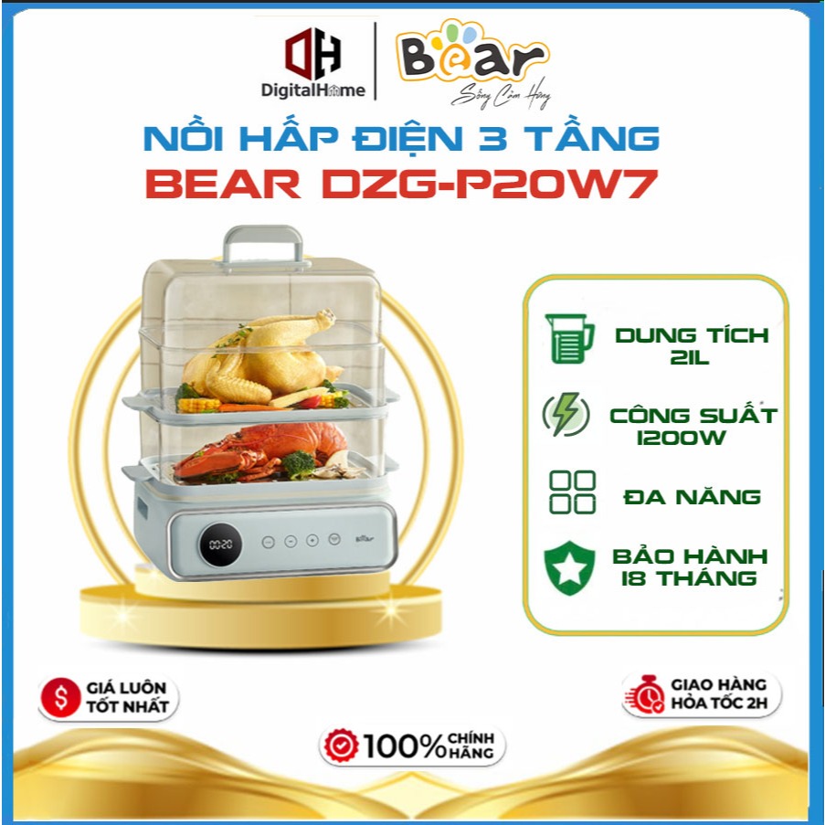 Nồi Hấp Điện 3 Tầng Bear DZG-P20W7.Dung Tích 21L, Công Suất 1200W, Bảo Hành Chính Hãng 18 Tháng
