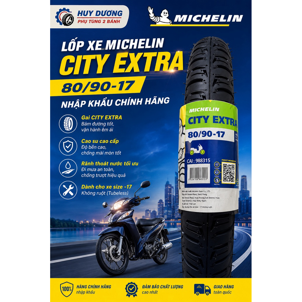 Lốp Michelin City Extra 80/90-17 Chính Hãng Nhập Khẩu – Gai City Extra – Vỏ Xe Máy Không Ruột