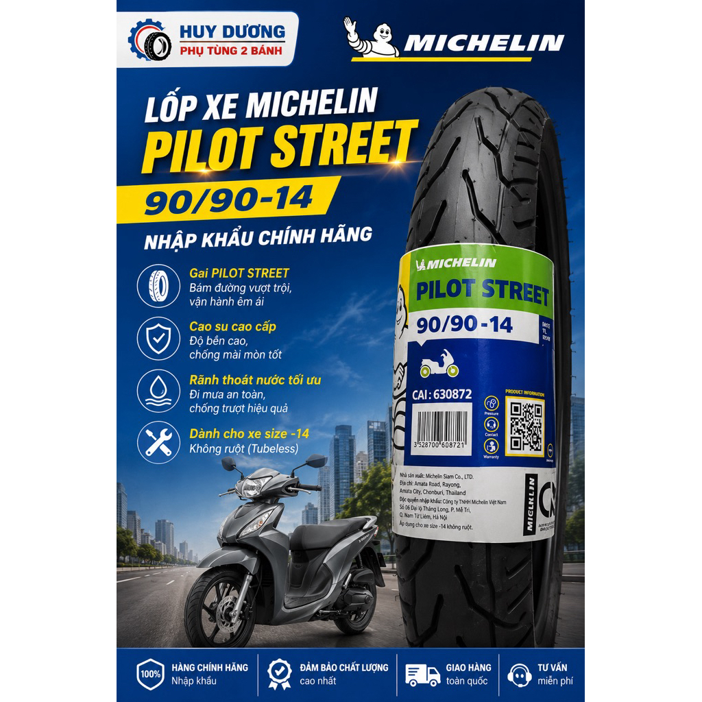 Lốp Michelin Pilot Street 90/90-14 Chính Hãng Nhập Khẩu – Vỏ Không Ruột Xe Máy – Gai Pilot Street